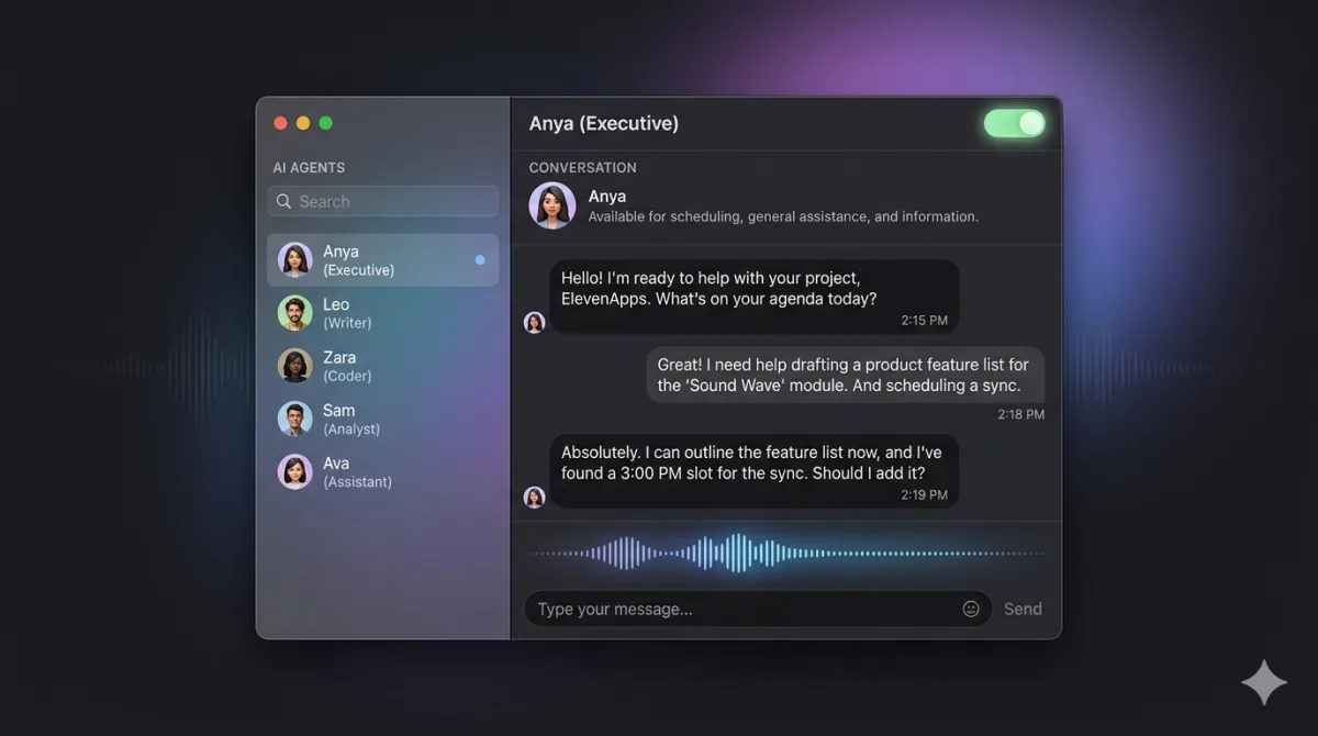 ElevenApps macOS app showing the agent sidebar and a live conversation transcript